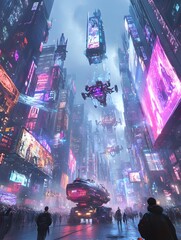 Obraz premium Cyberpunk Themed Halloween Parade in Gleaming Futuristic Metropolis with Striking Floats and