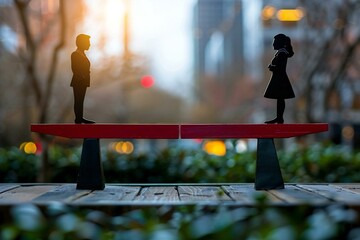 seesaw balancing with a man and a woman on each end, representing equal gender parity in the workplace.