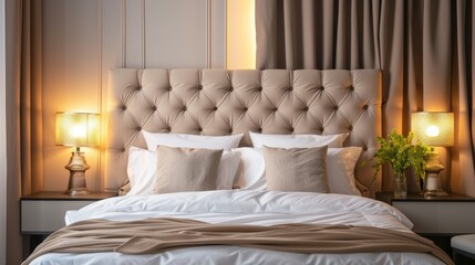 Elegant bedroom design featuring a plush headboard, soft linens, and warm lighting, perfect for stylish home interiors.
