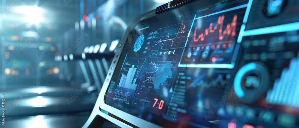 Poster futuristic dashboard with interactive data displays and graphs in a high-tech environment, ideal for