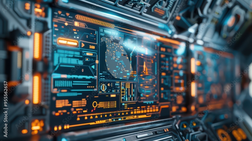 Poster futuristic digital interface with glowing elements showcasing data analysis and technology in a sci-