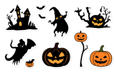 Cute Halloween sticker set with spooky ghosts, pumpkins, and a haunted house. Perfect for party decorations, crafts, and scrapbooking. 
