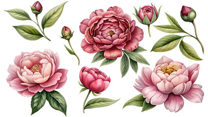 Fototapeta premium Flower clipart set: red and pink peonies flowers. The set is perfect for invitations, cards, packaging design and other creative projects.