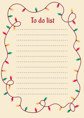 To-do list template with Christmas light bulbs. Vector illustration.