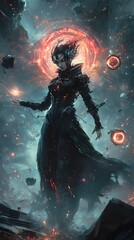 Enigmatic Cybernetic Witch Invoking Arcane Powers in Swirling Energy Fields