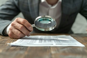 photo of a person in a suit using a magnifying glass to examine financial documents related to a business fraud investigation.