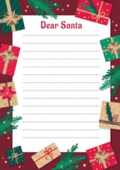 Christmas letter to Santa Claus template with holiday elements.  Vector illustration.