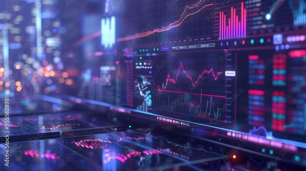 Aufkleber futuristic financial data visualization on screens, showcasing vibrant charts and graphs in a tech-d
