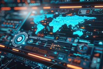 Fototapeta premium Futuristic digital world map interface with glowing elements for data visualization and technology applications.