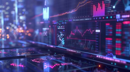 Futuristic financial data visualization on screens, showcasing vibrant charts and graphs in a tech-driven urban environment.