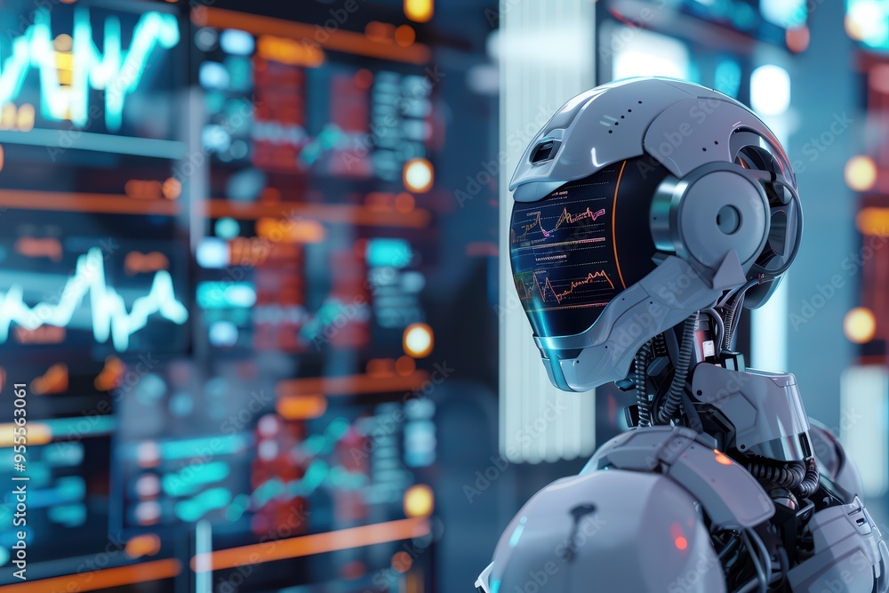 Poster futuristic robot analyzes data on digital screens, showcasing advanced technology in a modern enviro