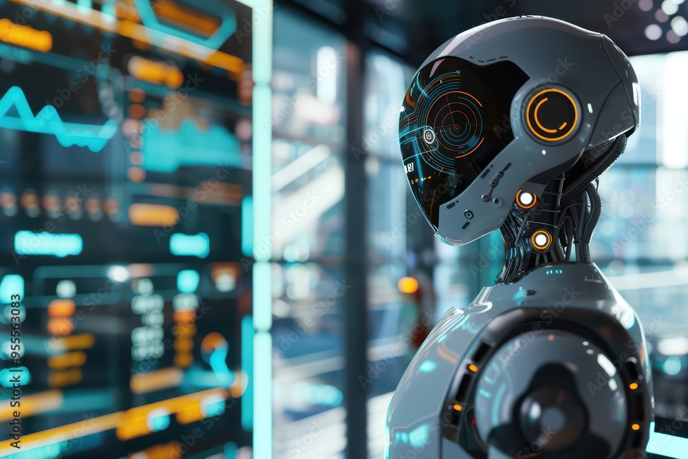 Poster futuristic robot design with glowing features, set against a backdrop of digital interface and techn