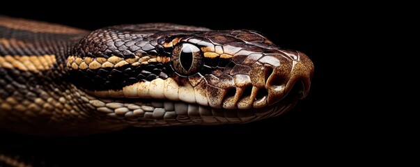 Fototapeta premium Macro shot of a python's head highlighting intricate scale details and intense gaze against a dark background, capturing the essence of wild beauty and mysterious allure in nature