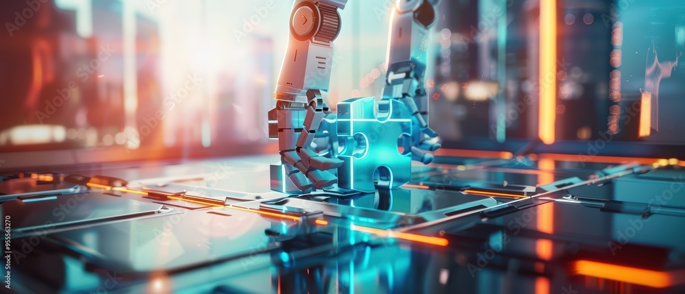 Poster futuristic robotic arms assembling a glowing cube in a high-tech environment. innovative technology 