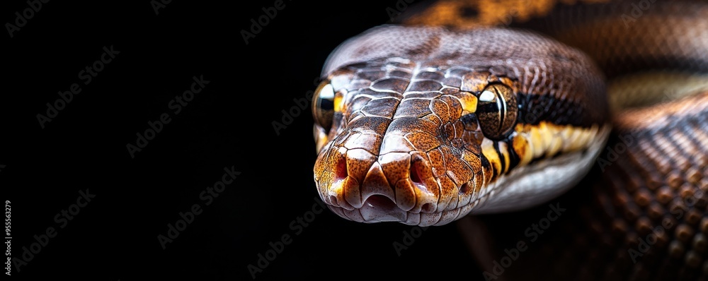 Poster macro shot of a python's head with focus on its eyes and scales, showcasing the intricate patterns a