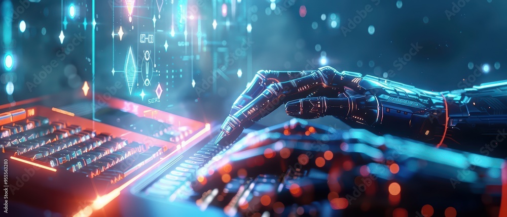 Aufkleber futuristic robotic hand interacting with a glowing keyboard and digital interface, symbolizing techn