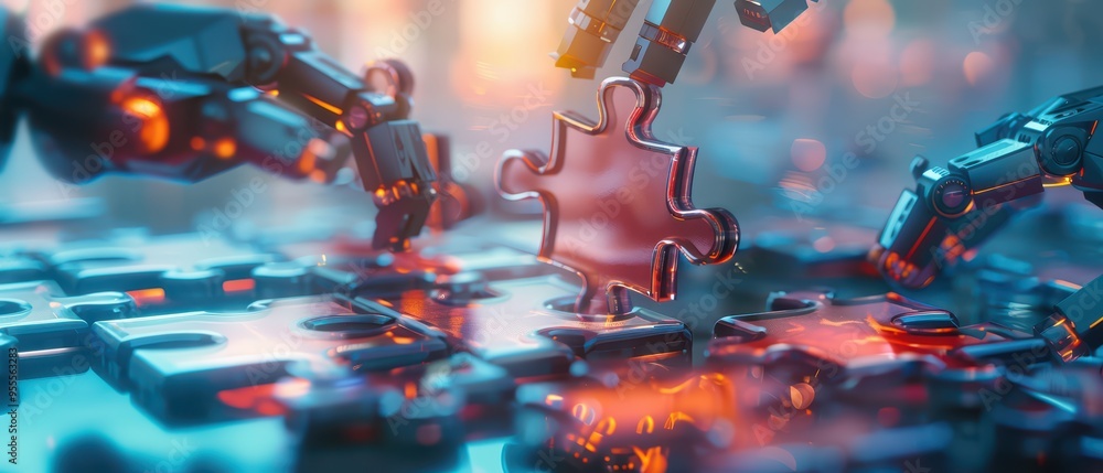 Poster Futuristic robotic arms assembling a puzzle piece, symbolizing technology innovation and problem-solving in a digital world.
