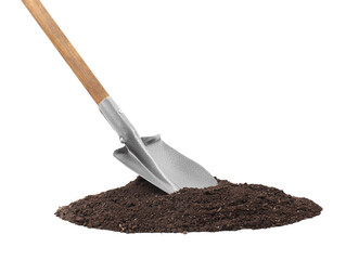 Metal shovel with wooden handle and pile of soil isolated on white