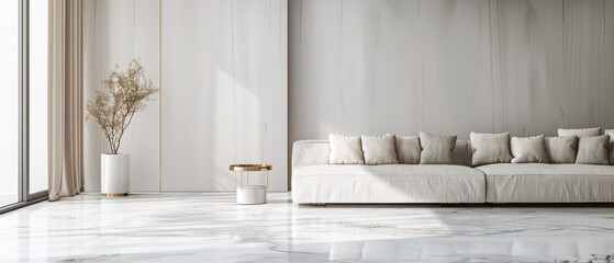 Minimalist living room featuring a sleek sofa, natural decor, and a light-filled space with elegant marble flooring.