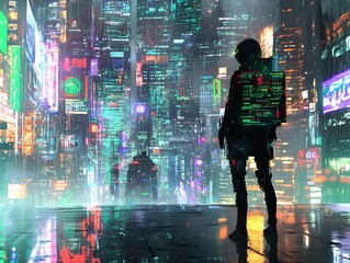 Ghostly figure in a futuristic city with pulsing data streams and eerie luminescence