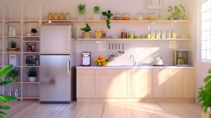 Fototapeta premium Stylish light kitchen interior featuring modern fridge, sleek counters, and elegant shelving units