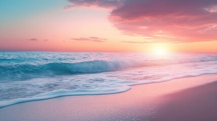 Fototapeta premium A tranquil beach scene at sunset, with the sky ablaze with colors and gentle waves lapping at the shore. Plenty of space for text.