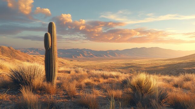 A tranquil California desert scene with a lone cactus and a backdrop of rolling hills and distant mountains, bathed in soft sunlight.