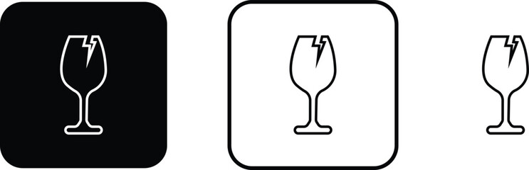 Packaging Sticker fragile handle with care icons set. warning label, fragile label with broken glass symbol, delivery shipping black vector flat and line collection isolated on transparent background.