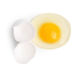 Broken raw egg isolated on white, top view