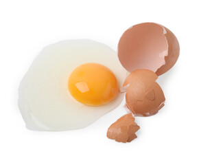 Broken raw egg and shell isolated on white