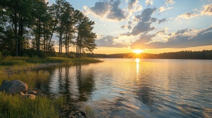 Obraz premium A tranquil evening by a Minnesota lake, with the water reflecting the soft light of the setting sun and the silhouettes of trees.