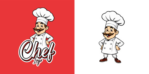  chef mascot logo design. Chef Design vector Logo illustration, Restaurant logo. Cartoon smiling chef character