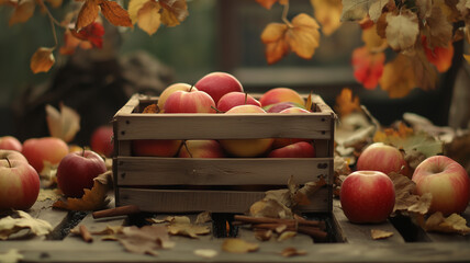 Apples in a small wooden crate, fall leaves. copy space for custom message or product for orchard, cider, apple producer, farm to table, organic grower - apple crate background