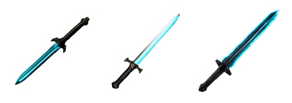 A set of three isolated, glowing fantasy swords on a transparent background, perfect for video game design or Halloween themes