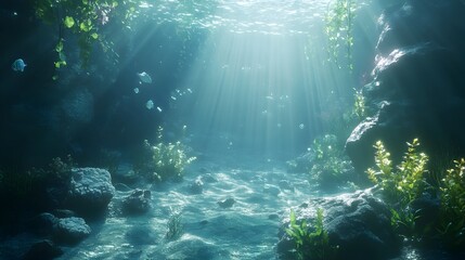 Obraz premium Captivating Underwater Seascape with Ethereal Sunbeams and Serene Reflection