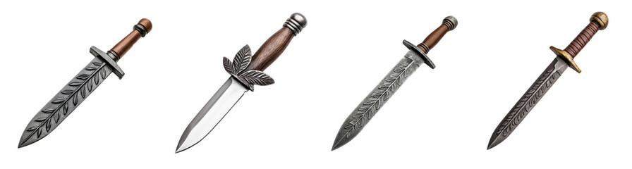 A collection of ancient fantasy swords with intricate designs on the blades and wooden handles isolated on a transparent background