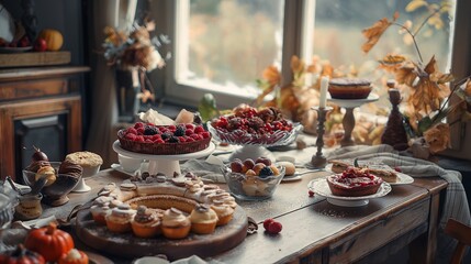 Naklejka premium Inviting display of autumn desserts on a rustic table, with warm lighting and cozy atmosphere
