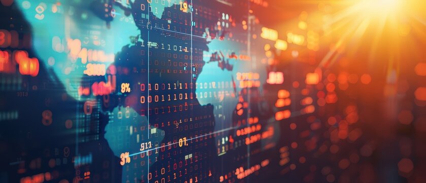Vibrant digital world map with futuristic data overlay, highlighting global connections and technological advancements in a network.