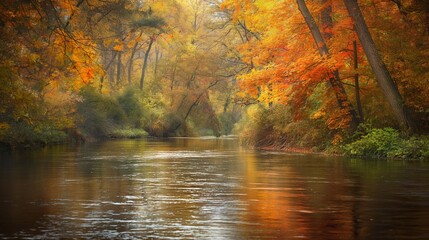 Fototapeta premium Vibrant fall foliage is reflecting in the still water of a lake on a beautiful autumn day with blue sky and white clouds