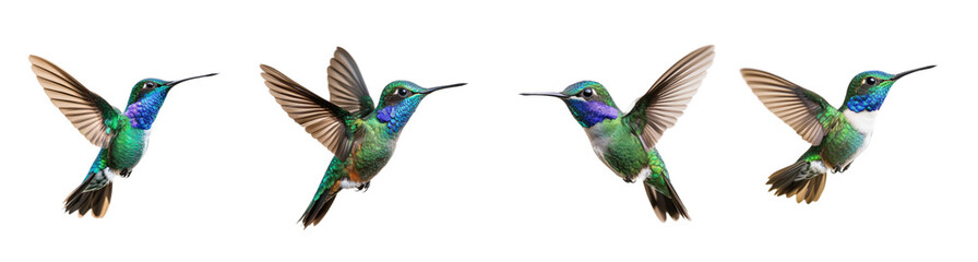 Fototapeta premium A set of vibrant hummingbirds in various flight poses, illustrating nature and wildlife, isolated on a transparent background