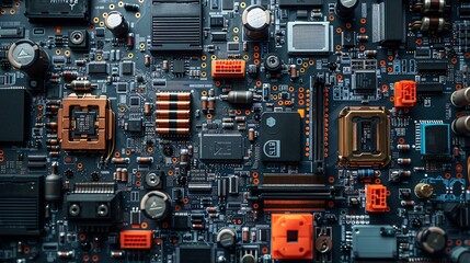 Fototapeta premium top view of electronic circuit board with components