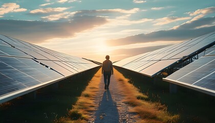 夕阳下，穿行在太阳能电池板之间的人，展现出可再生能源的未来。