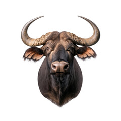 Naklejka premium African buffalo with massive curved horns and shaggy fur around its neck isolated on a transparent background 