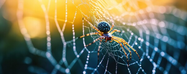 Macro shot of a spider on a dewdrop-covered web with sunlight creating a tranquil and natural scene
