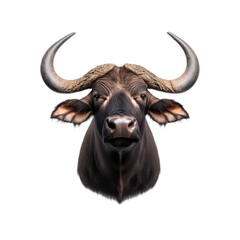 Naklejka premium African buffalo with massive curved horns and shaggy fur around its neck isolated on a transparent background 