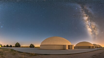Obraz premium The night sky is filled with the Milky Way as yurts rest peacefully in the steppe, showcasing a tranquil scene illuminated by the stars