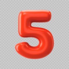 3D red number 5 isolated on transparent background. Vector illustration digit five for holidays, birthdays and discounts. Bright and realistic design perfect for greetings and festivities