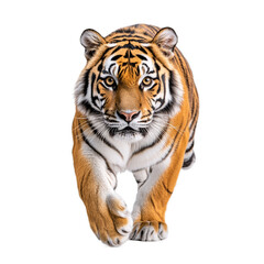 Obraz premium Bengal tiger mid stride with vibrant orange and black stripes and piercing eyes isolated on a transparent background 