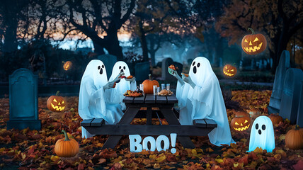 Playful ghosts enjoy a spooky picnic in a graveyard with pumpkins and tombstones. Perfect for Halloween celebrations and spooky themed designs. 
