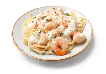 Tasty pasta with shrimps, creamy sauce and cheese isolated on white